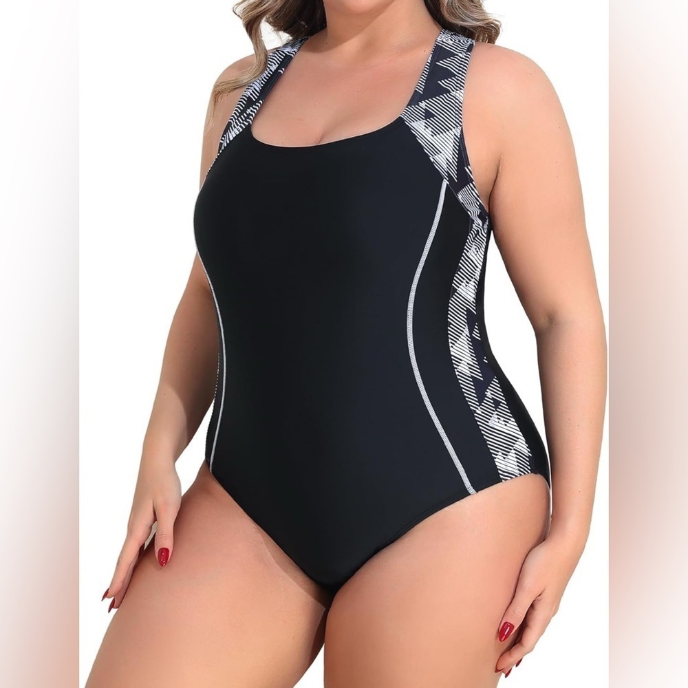 NWT- 22W Athletic Racerback 
Black white BathingSuit
Full coverage tummy control